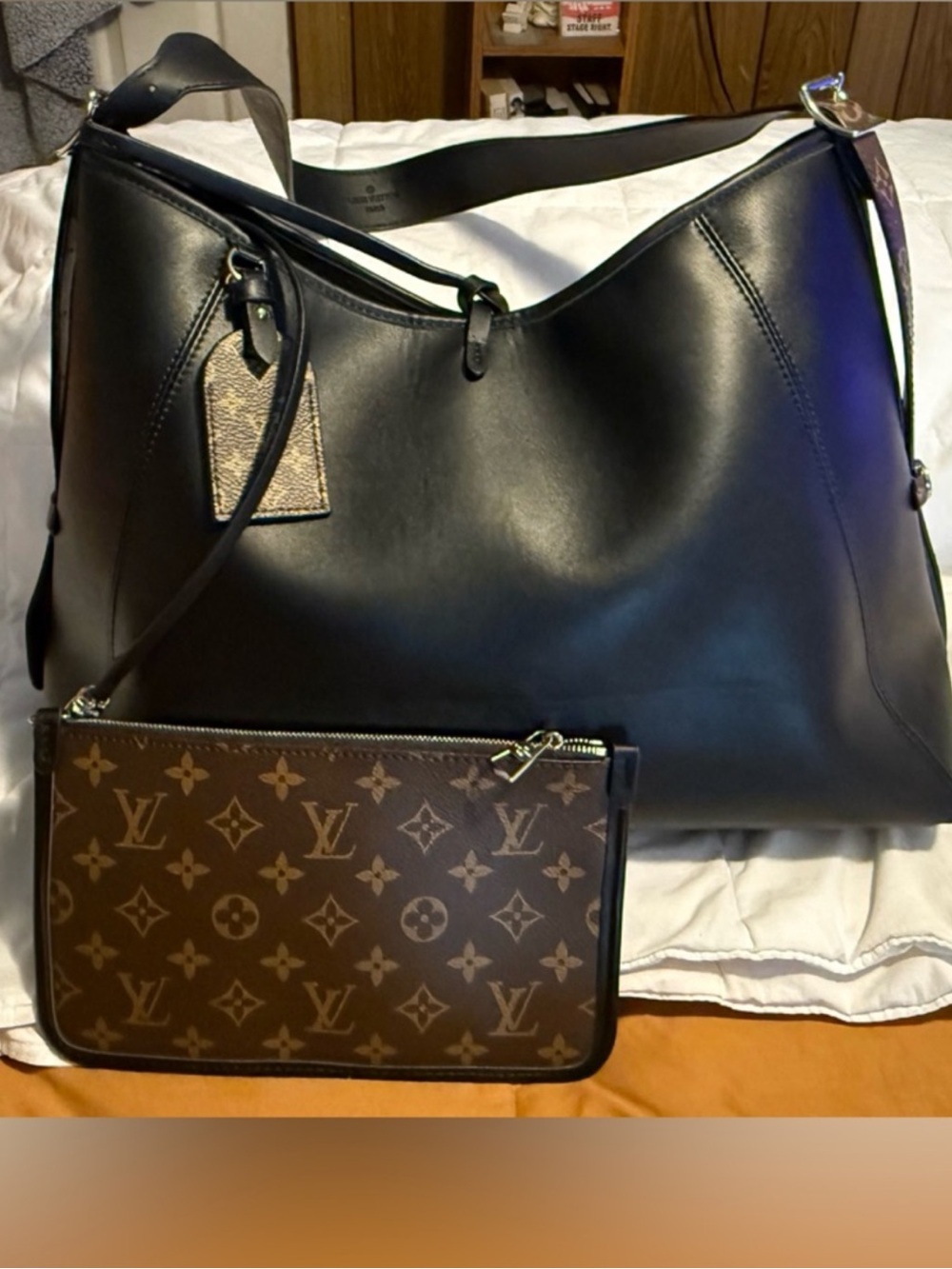Black Carry All Shoulder Bag with Brown Monogram Pouch NWOTS
